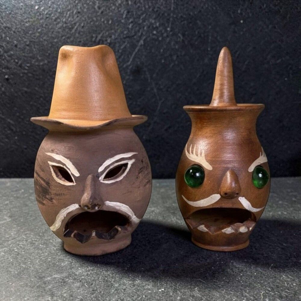 Vintage Mexican Folk Art Clay Face Incense Burners Pair Figural Men Primitive